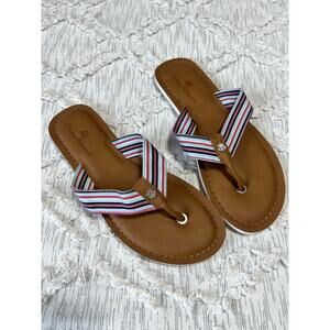 Tommy Bahama Womens Striped Logo Flip Flops - Beach Sandals Flower Charm 9